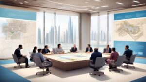 Create an image depicting the process of setting up a higher education institution in Qatar. The scene should feature a diverse group of administrators and