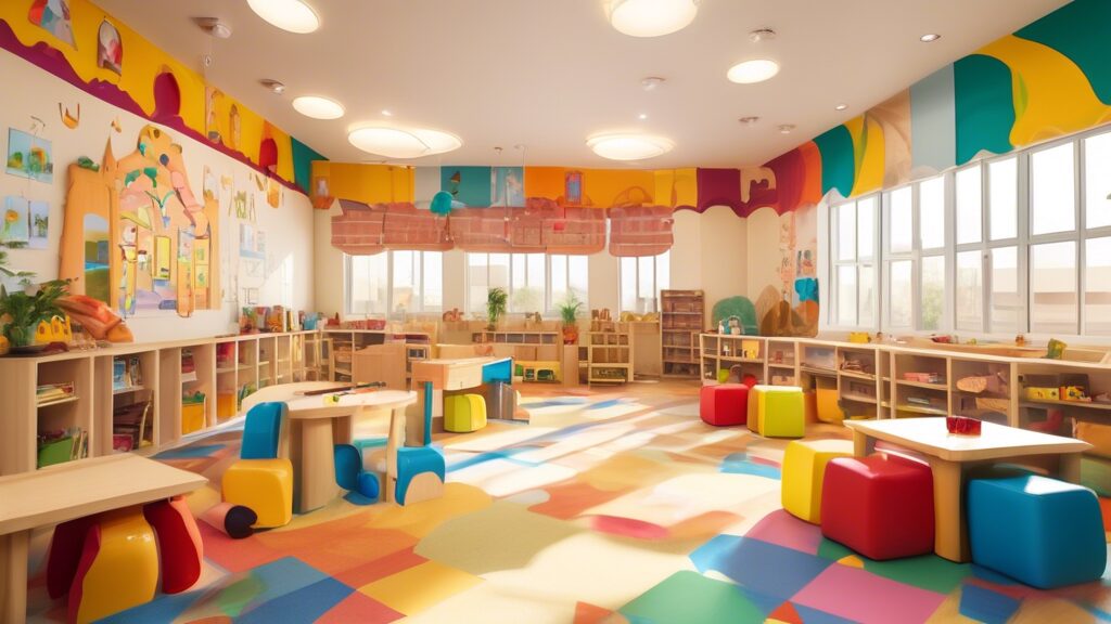 Create an image portraying a lively and colorful kindergarten classroom in Qatar. The room should be filled with child-sized furniture, educational toys, a