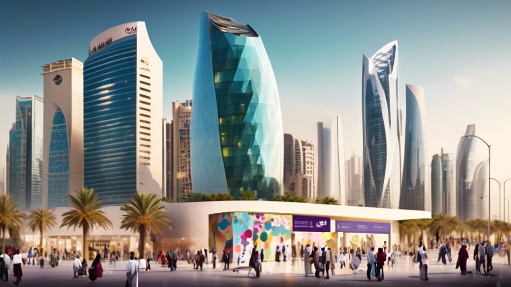 An image of a bustling cityscape in Doha, Qatar, with a modern high-rise building dedicated to a new language school startup. Visible are diverse people of