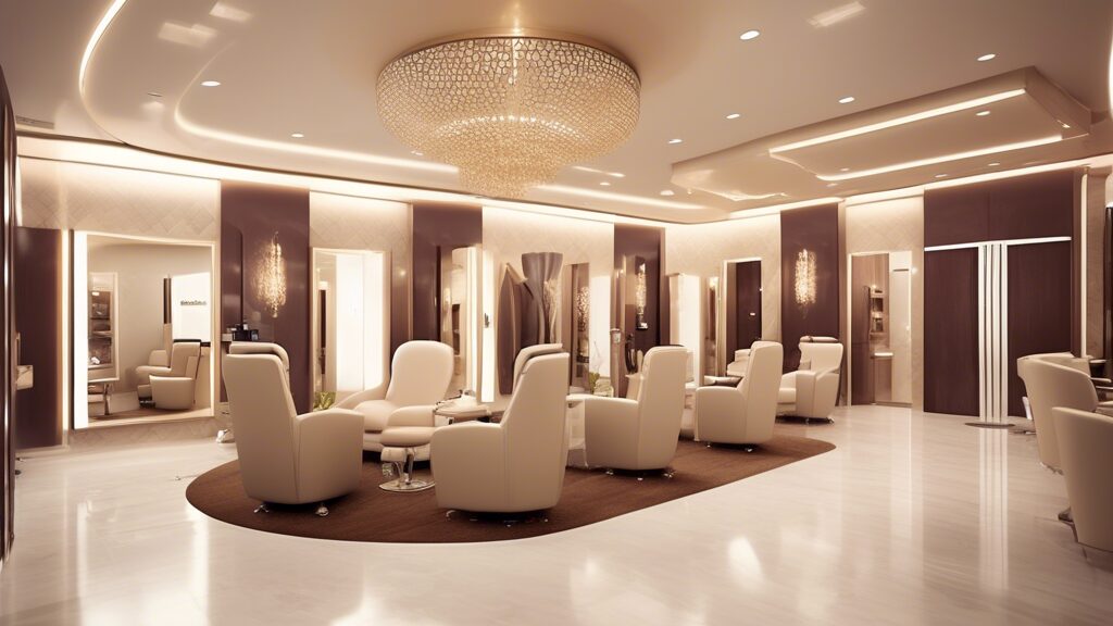 Create an image of a modern and stylish beauty salon interior in Qatar, showcasing a welcoming reception area, comfortable treatment rooms, and chic decor