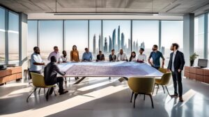 Create an image of a group of diverse educators and administrators gathered around a large table filled with architectural blueprints, educational curricul