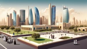 Create an image depicting a modern educational landscape in Qatar. Include a diverse range of architectural styles for private school buildings, showcasing