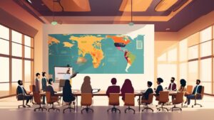 Create an image depicting a meeting room filled with diverse individuals - representing various ethnicities and backgrounds - engaged in a discussion about