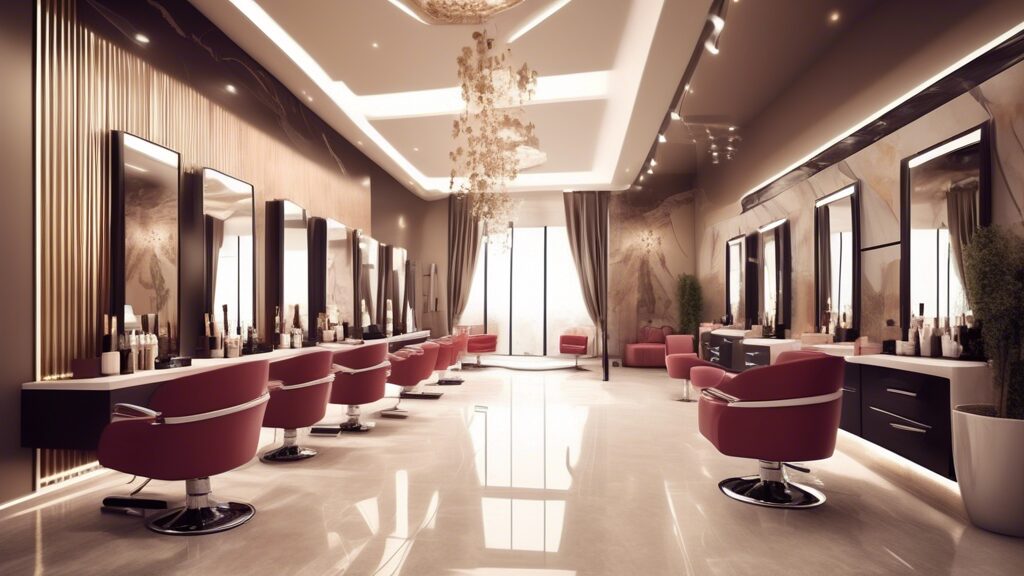 Create an image of a modern and stylish salon interior in Doha, Qatar, showcasing trendy decor and luxurious amenities that would appeal to potential salon