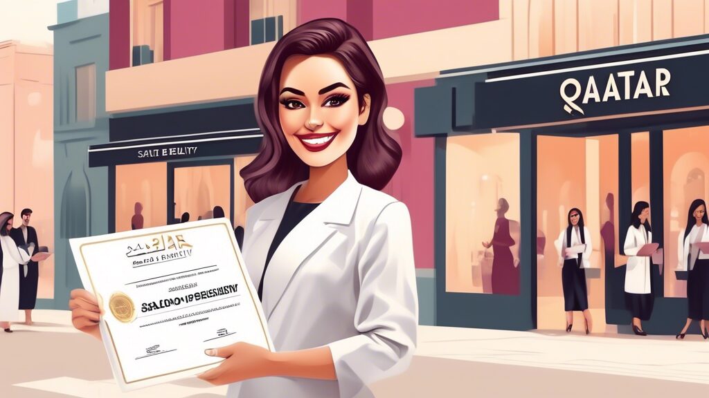 Create an image of a beauty professional standing confidently in front of a salon with a sign that reads Licensed by Qatar Beauty Council. The professional