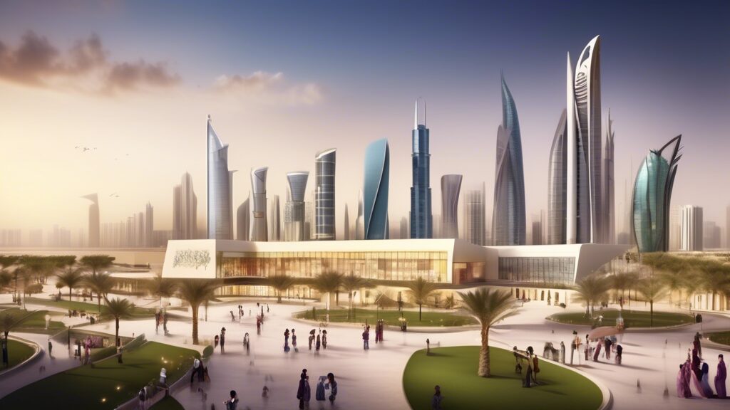 Create an image depicting a modern and vibrant educational landscape in Qatar, showcasing a variety of architectural styles of school buildings. Include a