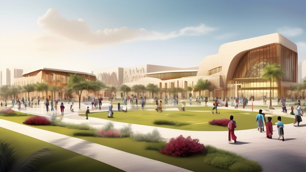 A detailed illustration of a modern school campus in Qatar, showcasing state-of-the-art architecture and vibrant learning environments. The scene captures