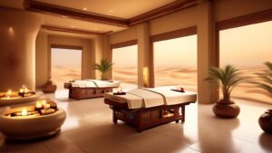 Create an image of a luxurious spa setting in Qatar, featuring a serene atmosphere with traditional Qatari design elements and modern amenities. Show a rel