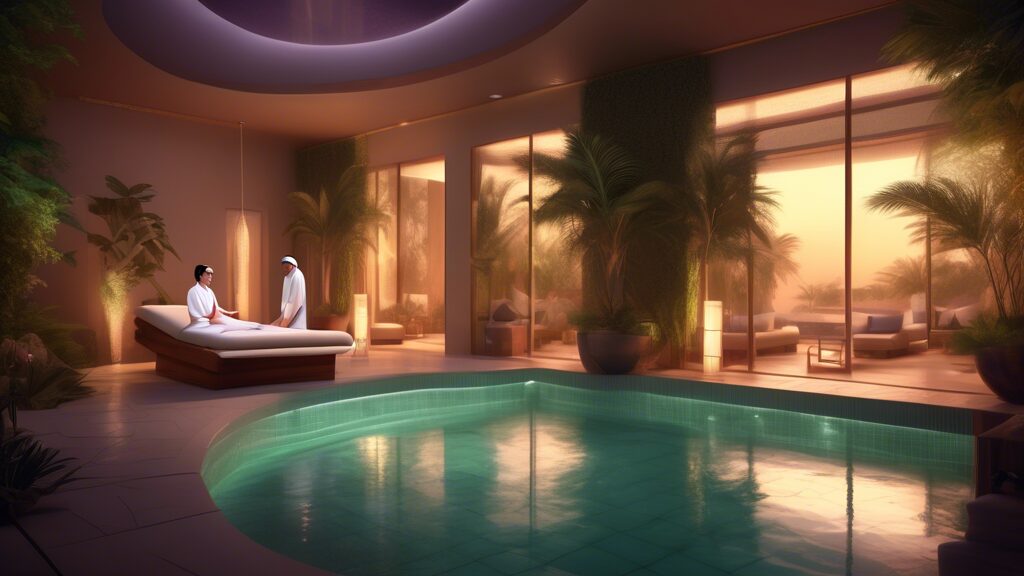 A serene spa setting in Qatar, featuring a tranquil indoor pool surrounded by lush greenery and soft ambient lighting, with a massage therapist performing