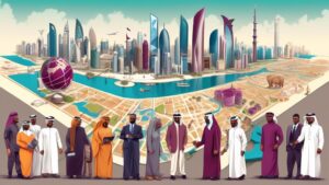 An intricate, brightly colored digital illustration depicting a diverse group of entrepreneurs gathered around a large, detailed map of Qatar, each holding various business tools like laptops, bluepri