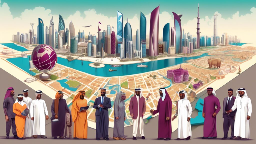 An intricate, brightly colored digital illustration depicting a diverse group of entrepreneurs gathered around a large, detailed map of Qatar, each holding various business tools like laptops, bluepri