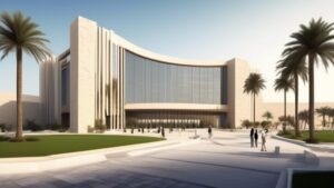 Create an image of a modern, state-of-the-art training center in Qatar. The building should feature a sleek, contemporary architectural design, incorporati