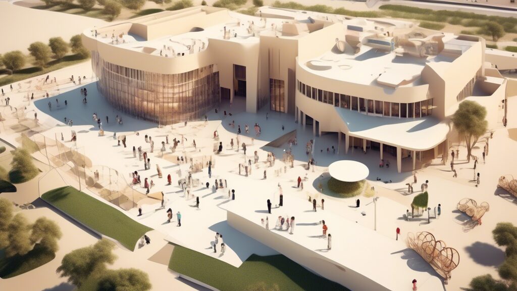 Create an image depicting an innovative and inclusive special needs school in Qatar. The school should be set in a modern architectural building that incor