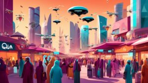 An illustrative digital art piece depicting a bustling futuristic marketplace in Qatar, with drones delivering packages, diverse people shopping online using advanced gadgets, and iconic Qatari archit